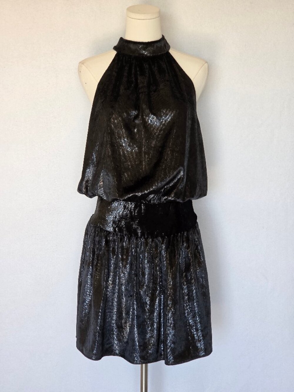 NEW Ramy Brook $395 Ellin Velvet Halter Party-Cocktail Mini Dress Shimmer Black
